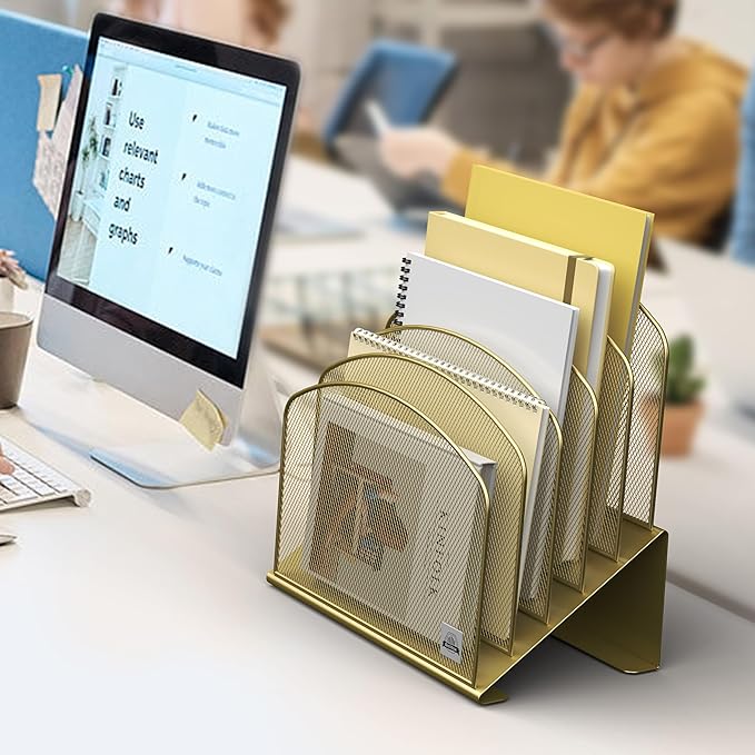 Inclined Desk File Organizer, 5-Section Vertical File Folder Holder Stand Metal Rack File Sorter for Office Classroom Desktop Organization (Gold, 2Pack)
