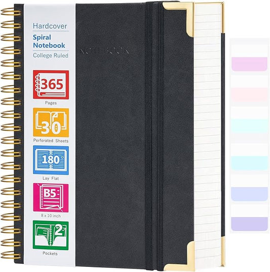 Spiral Notebook, 365 Page Hardcover Leather Notebook Journal, Large B5 Lined Journal for Women Men, College Ruled Notebooks for Work School, Journals for Writing, 24pcs Index Tabs, 8" x 10", Black