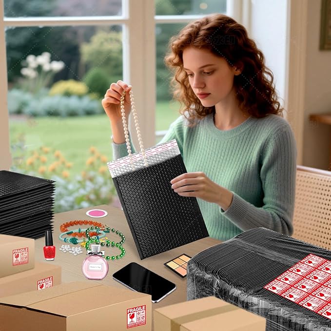 Bubble Mailers 6x12'' 25 Pack and 24PCS Fragile Stickers Bright Black Thick Waterproof Padded Poly Envelopes Bubble Wrap Mailers Self Seal Shipping Bags for Mailing Small Business Envelope Mailers #0