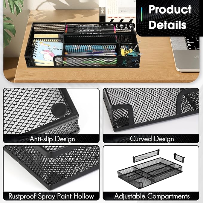 Desk Drawer Organizer Tray, 4 to 6 Grid Drawer Divider with 2 Adjustable Compartments, Metal Mesh Desk Organizer for Stationery Makeup Kitchen Toolroom School &Office, 12.6x8.26x1.57 in,1 PC
