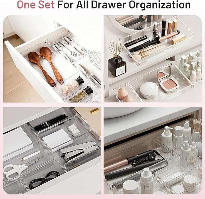8 Pack Large Clear Plastic Drawer Organizer Trays - Acrylic Kitchen Drawer Dividers for Utensils - 3 Sizes Heavy Duty Home Organization Bins for Bathroom, Makeup, Bedroom, Office Gadgets