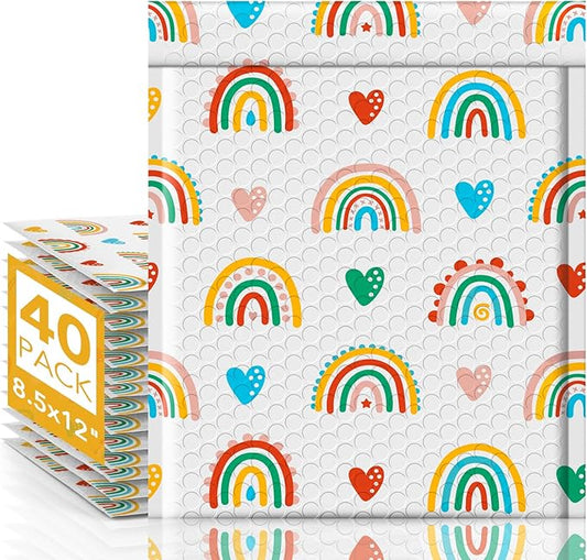 Metronic Bubble Mailers 8.5x12" 40pc Usable Size 8.5x11,Waterproof Mailing Padded Envelopes for Small Business,Cushioning Bubble Wrap Mailer Bags,Shipping Envelopes for Gift,Small Items Rainbow