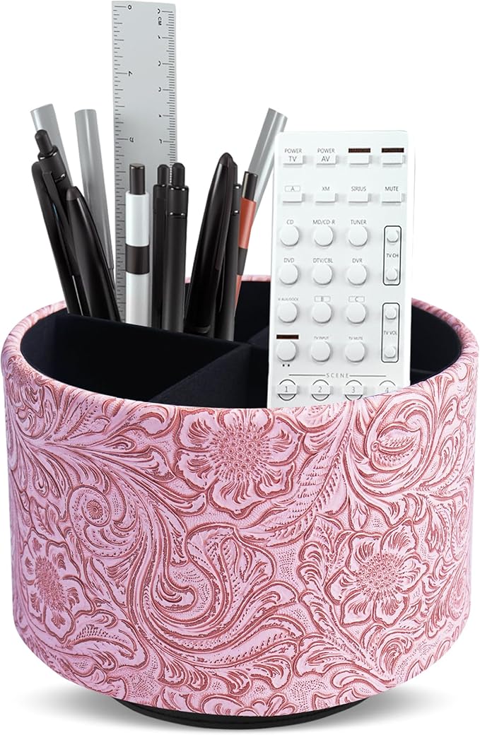 lizimandu Round Leather Art Supply Organizer,Remote Control Holder,360 Degree Spinning,Multi-Functional Pencil Holder,4 Compartments Desktop Stationary Organizer(1-Carved Pink)