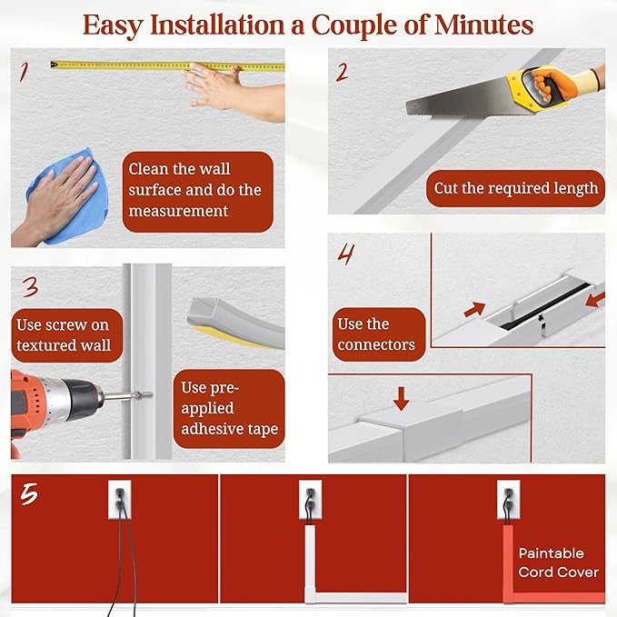 Grey Cable Cover Cord Hider - 157in Wire Hider on Wall Mounted, Grey Cord Cover Kit for Wall Mounted TV, Hide Wires Along Wall, Decorative Cable Raceway, Electrical Cable Concealer, Gray Cable Channel