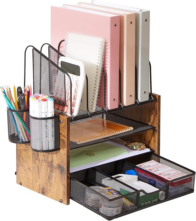 4-Tier Desk Organizer with Drawer, Wooden Mesh File Organizer with 5 Vertical Sorters & 2 Pen Holders, Multi-Functional Desktop Organizer for Home, Office & School