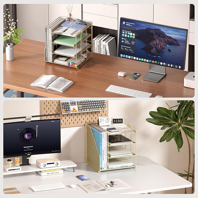 Gold Desk Organizer, 4-Tier Metal Paper Organizer for Desk with Vertical File Holder, Office Accessories and Desktop Storage for Office Supplies (Gold)