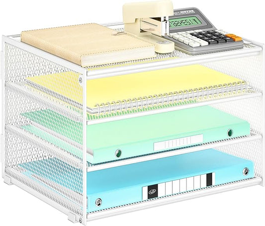 Lavatino 3-Tier Letter Tray Desk Paper Organizer – White Mesh Metal File Tray Organizer for Desk, Office Supplies & Home Organization | Fits A4/Letter Paper, Mail, Magazines and Office Accessories