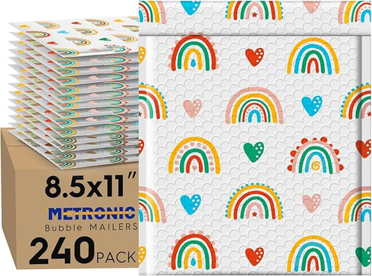 Metronic Bubble Mailers 8.5x12" 240pc Usable Size 8.5x11,Waterproof Mailing Padded Envelopes for Small Business,Cushioning Bubble Wrap Mailer Bags,Shipping Envelopes for Gift,Small Items Rainbow