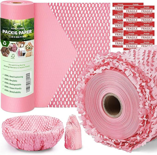 Honeycomb Packing Paper, 12" x 200' Packing Paper Substitute Alternative for Bubble Cushioning Wrap for Moving Shipping Packaging, Recyclable Moving Supplies Bubble Packing Wrap Roll-Pink