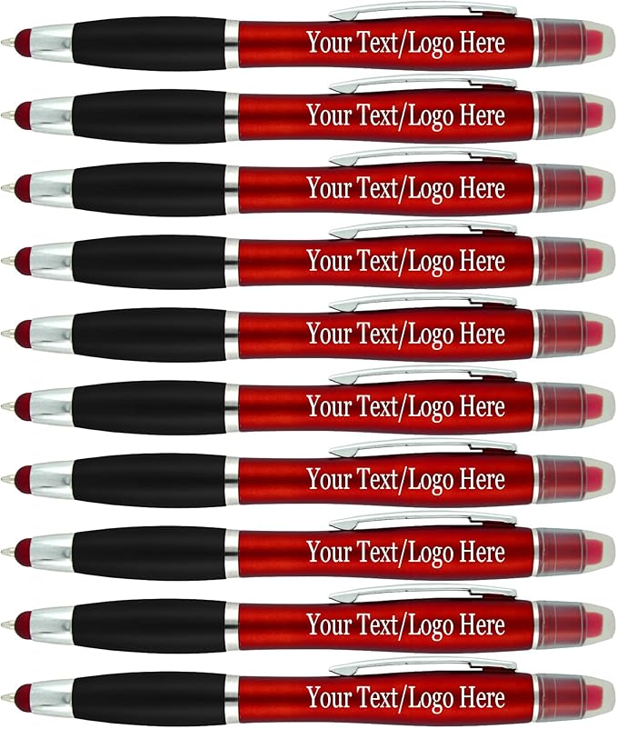 Personalized Pens with Gel Highlighter and Stylus -200 Pack Bulk-Free Imprint - 3 In Bible Highlighter No Bleed, Ballpoint Pen, and Stylus Combo- add Custom Name, Logo or Gift Message- Red