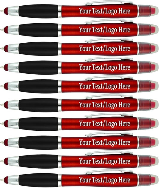Personalized Pens with Gel Highlighter and Stylus -200 Pack Bulk-Free Imprint - 3 In Bible Highlighter No Bleed, Ballpoint Pen, and Stylus Combo- add Custom Name, Logo or Gift Message- Red