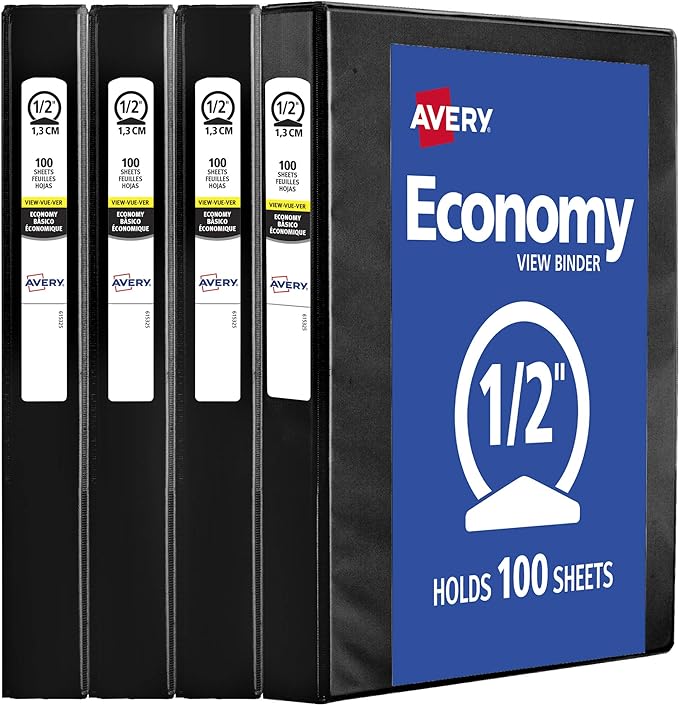 Avery Economy View 3 Ring Binders, 0.5" Round Rings, 100-Sheet Capacity, Black, 4 Pack (17701)