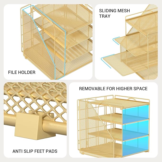 Gold Desk Organizer, 4-Tier Metal Paper Organizer for Desk with Vertical File Holder, Office Accessories and Desktop Storage for Office Supplies (Gold)