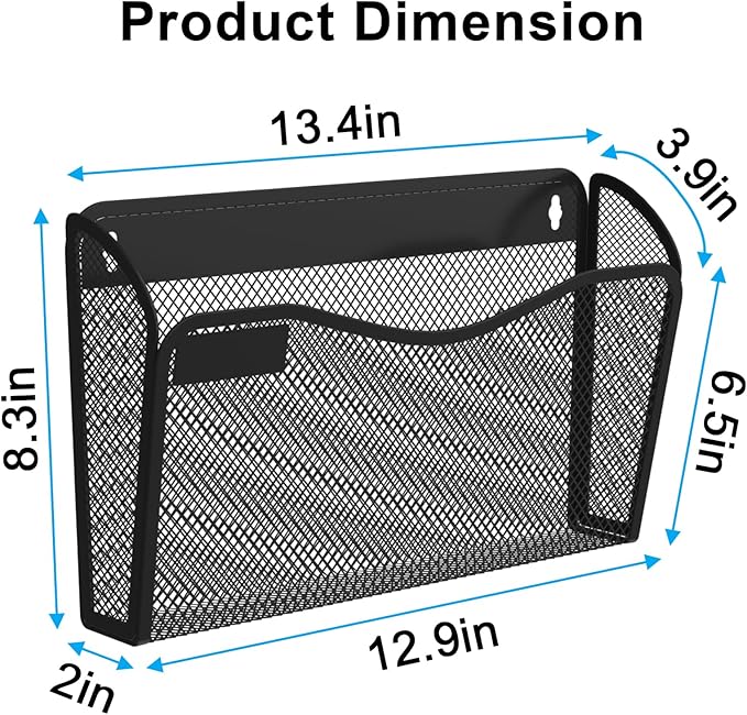 Wall File Organizer, Mesh Hanging File Organizer, Home Office Organization and Storage, 3 Single Pockets Document Magazine Rack