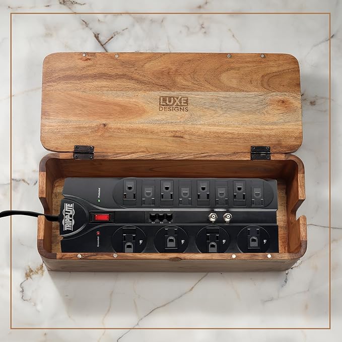 Large Cable Management Box - Acacia Wood - Cable Organizer Box and Power Strip Box for Electrical Cord Management - Hide Desk Cord and Floor Cables - Wire Storage and Organization for Cords