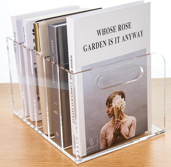 Clear Acrylic Organizers - 5 Vertical Compartments Acrylic Folder Organizer & File Organizer, Desk Document Storage Bins for Magazines, Binders - Multipurpose Home Office Desk Organizer