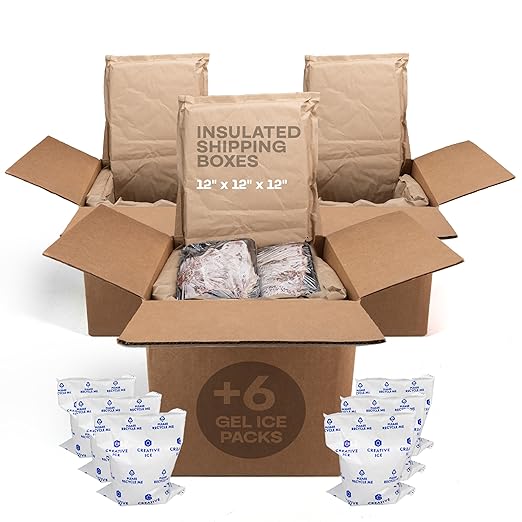 Insulated Thermal Shipping Boxes 12"x12"x12" with 2 Gel Ice Packs, Pack of 3 - USA-Made Cold Food Shipping Box with Absorb Condensation Thermal-Paper Liner - Frozen Food Shipping Kit by IDL Packaging