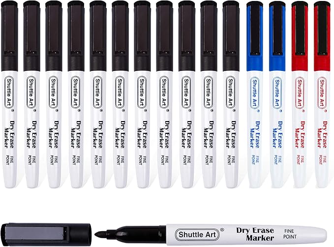 Shuttle Art Dry Erase Markers, 15 Pack 3 Colors Magnetic Whiteboard Markers with Erase, Fine Point Dry Erase Markers for Writing on Whiteboard Glass Mirror for School Home Office(11 Black 2Blue 2Red)