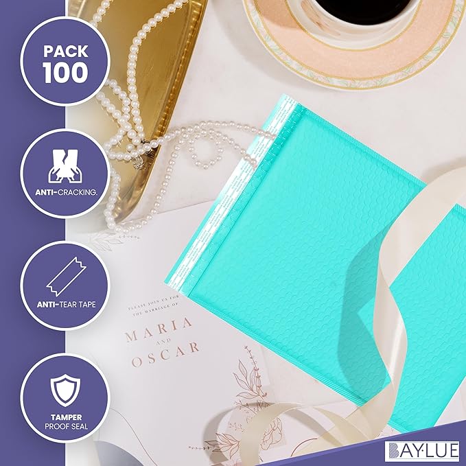 Teal 10x13 Inch Poly Bubble Mailers |Self Seal Padded Envelopes for Thick books | Air Cushioned Bubble Mailer | Usable Size 9.5x13 Inch | Waterproof Lightweight Mailing Shipping Bags | 100 Pack Bulk
