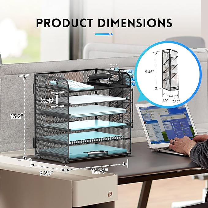 SUPEASY 6 Tier Desk Organizer with 4 Pen Holders, Mesh Paper Organizer Letter Tray with Handle, Desk Organizer Tray File Organizer for A4 File Folder, Black