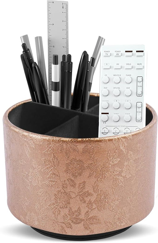 lizimandu Round Leather Art Supply Organizer,Remote Control Holder,360 Degree Spinning,Multi-Functional Pencil Holder,4 Compartments Desktop Stationary Organizer(1-Liuli Cooper)