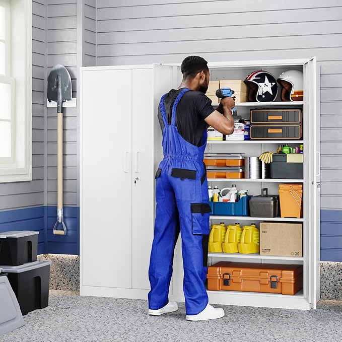 Yizosh Metal Garage Storage Cabinet with 2 Doors and 5 Adjustable Shelves - 71" Steel Lockable File Cabinet,Locking Tool Cabinets for Office,Home,Garage,Gym,School (White)