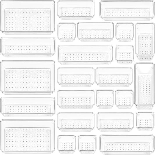 Vtopmart 25 PCS Clear Plastic Drawer Organizers Set, 4-Size Versatile Bathroom and Vanity Drawer Organizer Trays, Storage Bins for Makeup, Bedroom, Kitchen Gadgets Utensils and Office