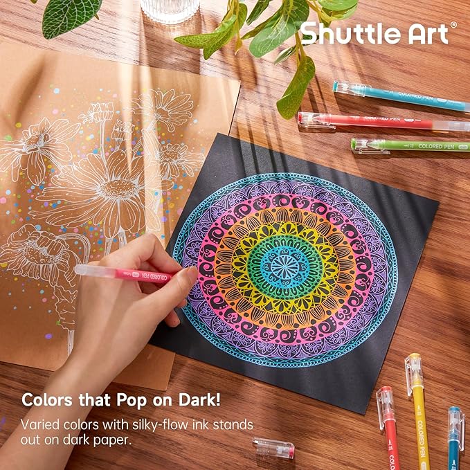 Shuttle Art Colored Pens, 72 Vibrant Colors Cute Journal Pens 0.6mm Fine Point Colored Gel Pens for Black Paper in Portable Bag for Coloring Writing Drawing Journaling Note Taking School Office Home