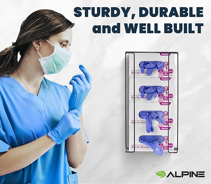 Alpine Glove Holder for Wall Mount Latex Gloves - Wire Box Dispenser for Disposable Gloves, Tissues, Masks, Wipes & More - Fits 4 Boxes (Black)