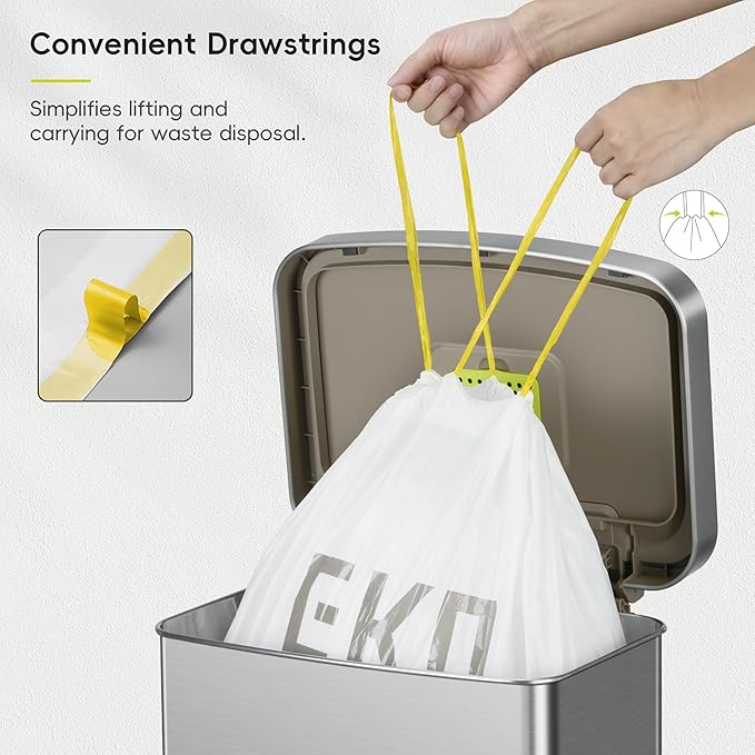 EKO 21 Gallon / 50-90 Liter, 60 Count Drawstring Trash Bags, Extra-Strong Garbage Bags, Lemon Zest Scent with Continuous Odor Control, Easy-Dispense Roll for Kitchen and Household Use, Code G, White