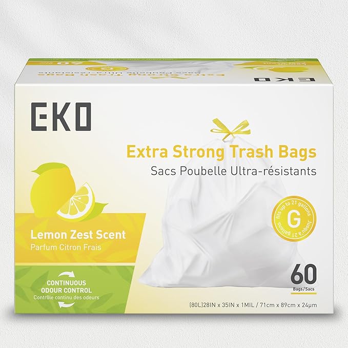 EKO 21 Gallon / 50-90 Liter, 60 Count Drawstring Trash Bags, Extra-Strong Garbage Bags, Lemon Zest Scent with Continuous Odor Control, Easy-Dispense Roll for Kitchen and Household Use, Code G, White