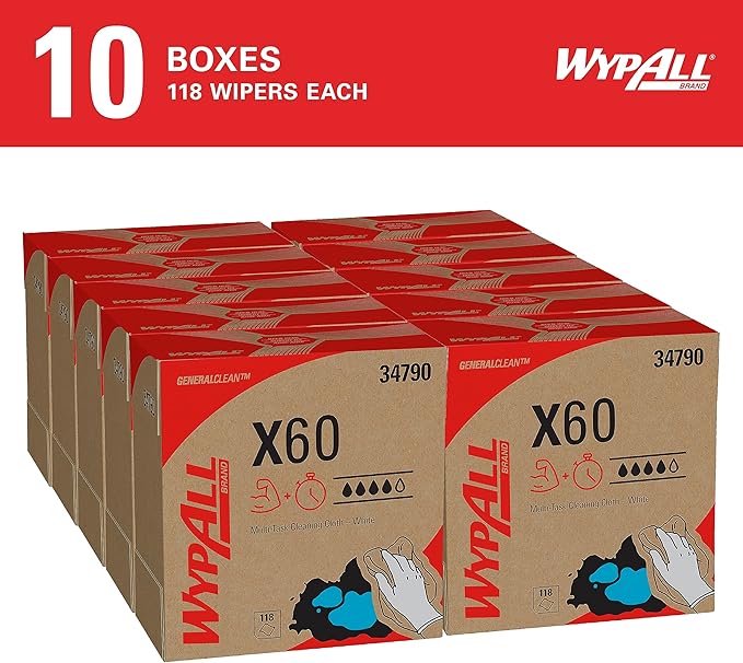 WypAll GeneralClean X60 Cloths Multi-Task Cleaning Wipes (34790), Pop-Up Box, Strong and Absorbent Towels, White (10 Boxes of 118 Sheets, 1,180 Sheet Total)