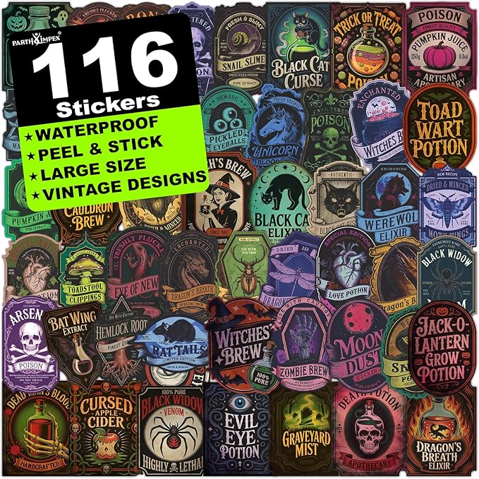 PARTH IMPEX Apothecary Bottle Labels - 116 Pcs Vintage Halloween Potion Bottles Decor Creepy Poison Stickers for Jars Party Supplies Witchy Gothic Voodoo Decorations Waterproof Vinyl Sticker