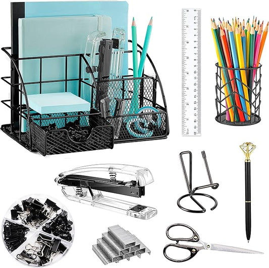 Black Desk Organizers and Accessories Office Supplies Set Stapler, Pen Holder, Phone Holder, Scissors, Pen, Ruler, 30 Paper Clips, 22 Binder Clip, 20 Tacks and 1000pcs Staples