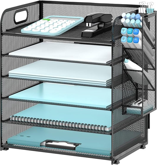 SUPEASY 6 Tier Desk Organizer with 4 Pen Holders, Mesh Paper Organizer Letter Tray with Handle, Desk Organizer Tray File Organizer for A4 File Folder, Black
