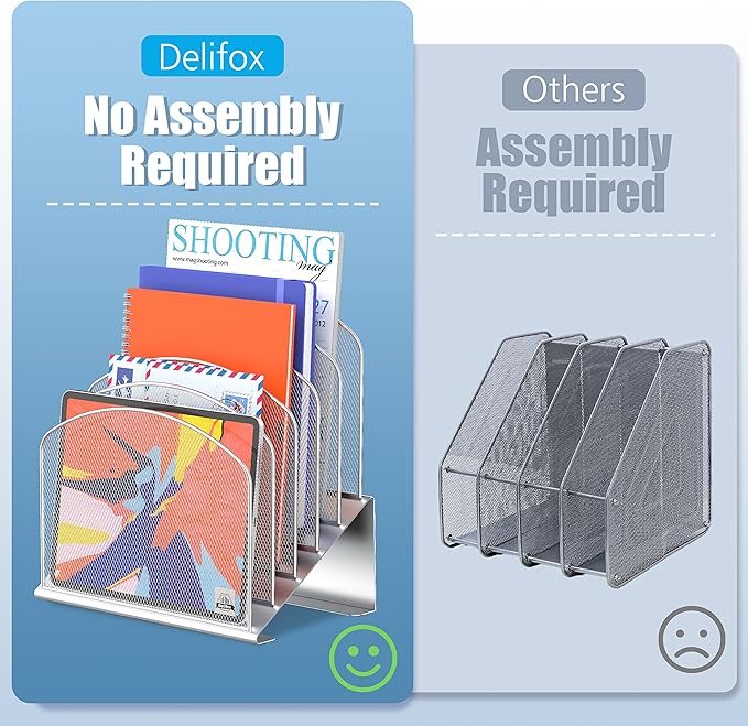 Inclined Desk File Organizer, 5-Section Vertical File Folder Holder Stand Metal Rack File Sorter for Office Classroom Desktop Organization (Silver, 2Pack)