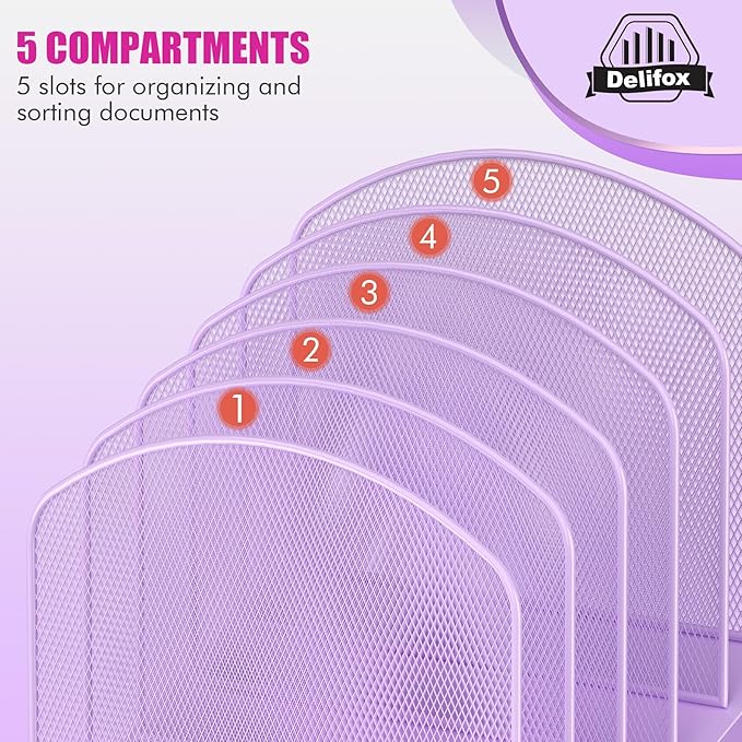 Inclined Desk File Organizer, 5-Section Vertical File Folder Holder Stand Metal Rack File Sorter for Office Classroom Desktop Organization (Purple, 1Pack)