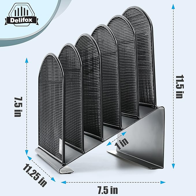 Inclined Desk File Organizer, 5-Section Vertical File Folder Holder Stand Metal Rack File Sorter for Office Classroom Desktop Organization (Black, 1Pack)