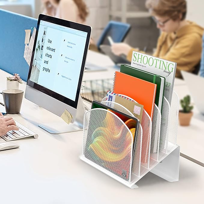 Inclined Desk File Organizer, 5-Section Vertical File Folder Holder Stand Metal Rack File Sorter for Office Classroom Desktop Organization (White, 1Pack)