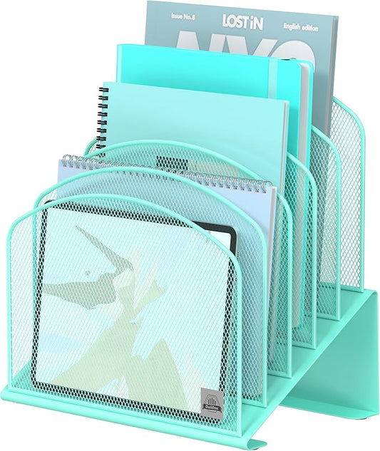 Inclined Desk File Organizer, 5-Section Vertical File Folder Holder Stand Metal Rack File Sorter for Office Classroom Desktop Organization