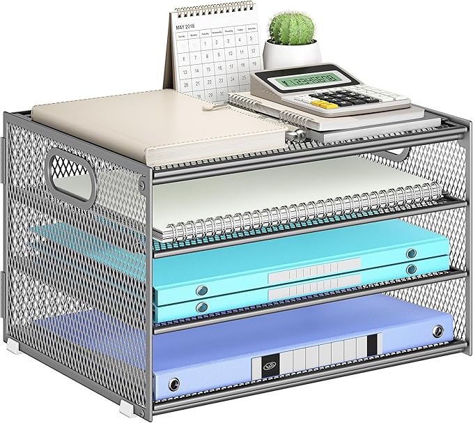 Subekyu Paper Letter Tray Organizer for Desk, Silver Metal Mesh Desk File Folder Sorter Organizer with Handle for Home Office School Supplies Organization