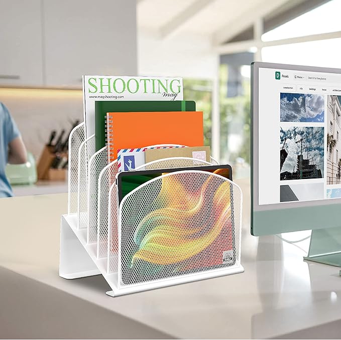 Inclined Desk File Organizer, 5-Section Vertical File Folder Holder Stand Metal Rack File Sorter for Office Classroom Desktop Organization (White, 1Pack)