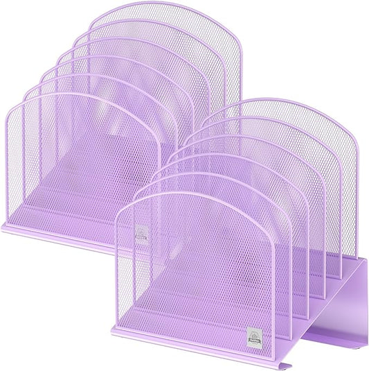 Inclined Desk File Organizer, 5-Section Vertical File Folder Holder Stand Metal Rack File Sorter for Office Classroom Desktop Organization (Purple, 2Pack)