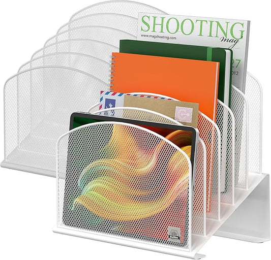 Inclined Desk File Organizer, 5-Section Vertical File Folder Holder Stand Metal Rack File Sorter for Office Classroom Desktop Organization (White, 2Pack)