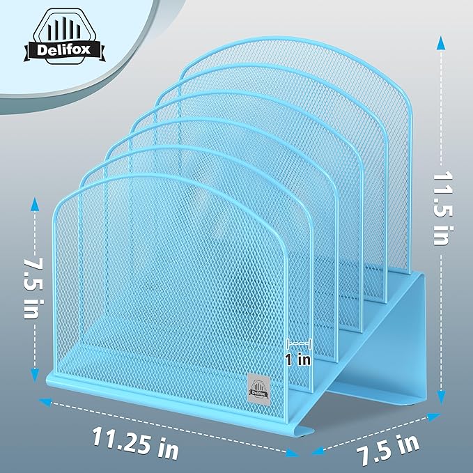 2Pack Inclined Desk File Organizer, 5-Section Vertical File Folder Holder Stand Metal Rack File Sorter for Office Classroom Desktop Organization,Blue