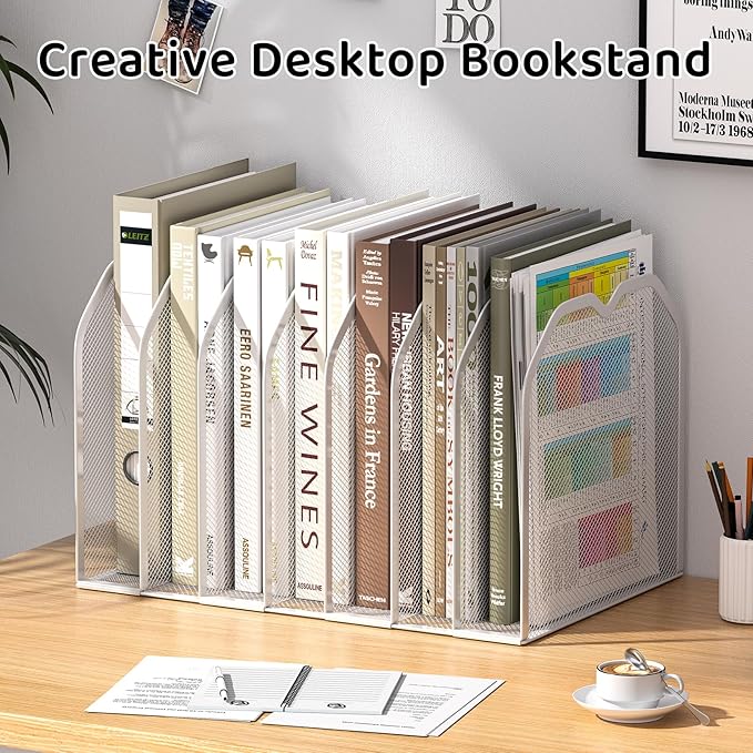 White 7-Section File Folder Organizer for Desk – Metal Vertical File Holder, Desktop File Organizer Vertical Stand, Letter/A4 Folder Rack, Upright File Sorter, Office Paper Organizer