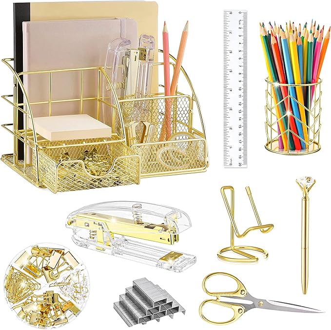 Gold Desk Organizers and Accessories Office Supplies Set Stapler, Pen Holder, Phone Holder, Scissors, Pen, Ruler, 30 Paper Clips, 22 Binder Clip, 20 Tacks and 1000pcs Staples (Gold)