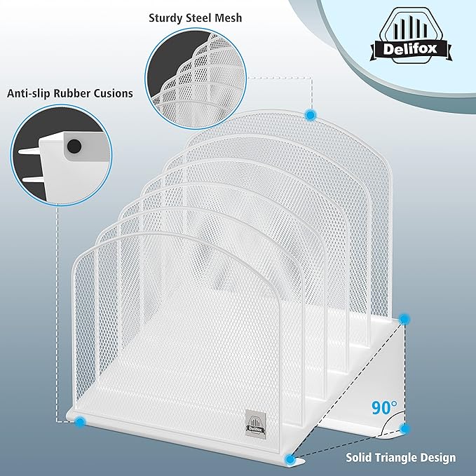 Inclined Desk File Organizer, 5-Section Vertical File Folder Holder Stand Metal Rack File Sorter for Office Classroom Desktop Organization (White, 1Pack)