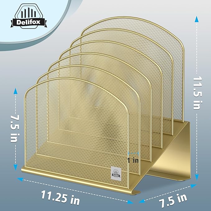 Inclined Desk File Organizer, 5-Section Vertical File Folder Holder Stand Metal Rack File Sorter for Office Classroom Desktop Organization (Gold, 2Pack)