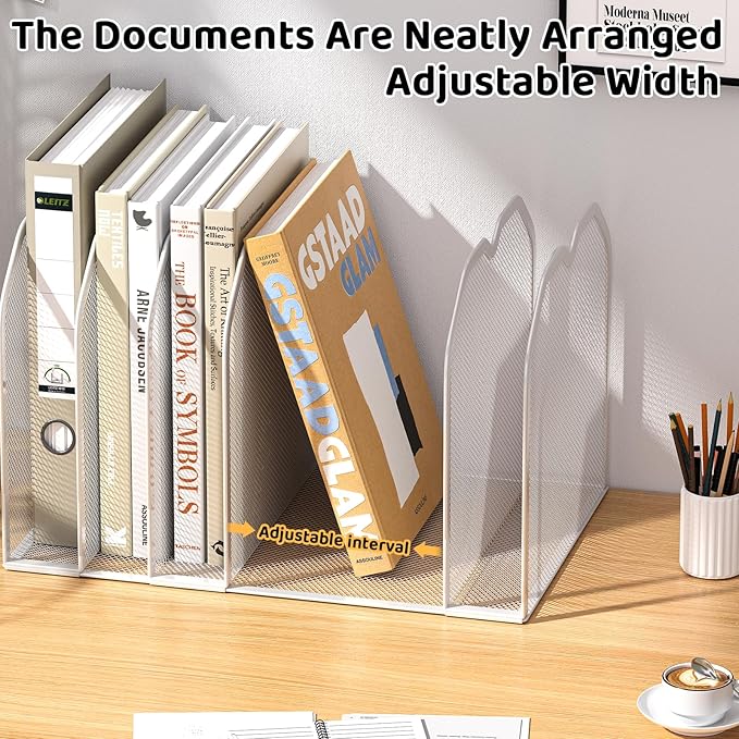 White 7-Section File Folder Organizer for Desk – Metal Vertical File Holder, Desktop File Organizer Vertical Stand, Letter/A4 Folder Rack, Upright File Sorter, Office Paper Organizer